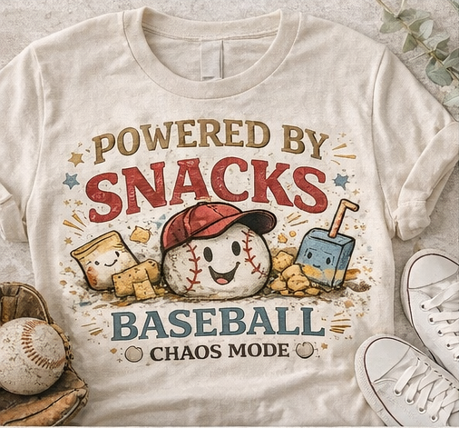 Powered by Snacks & Baseball Shirt | Funny Kids Baseball Shirt | Baseball Snack Shirt | Game Day Kids Tee